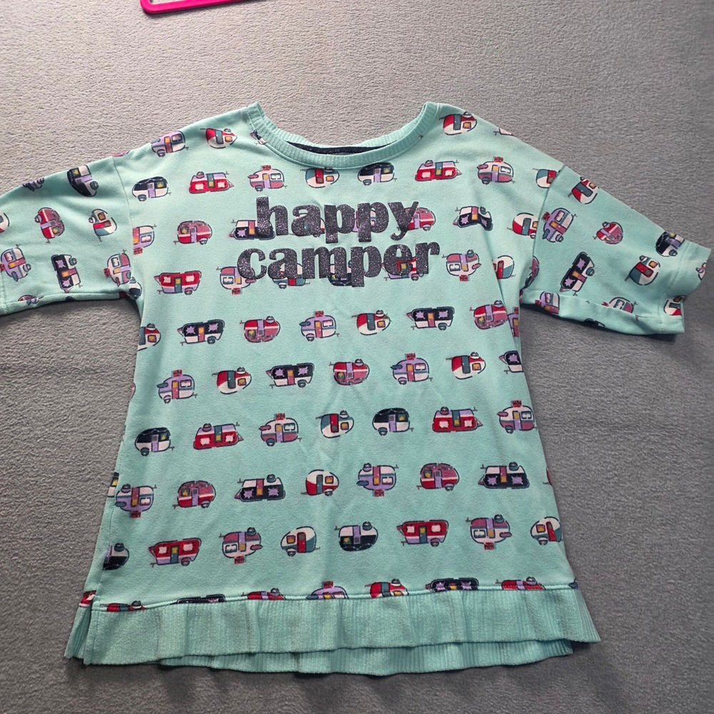 Happy Camper Graphic 3/4 Sleeve Womens M Mint Green Camper RV Sweatshirt Top